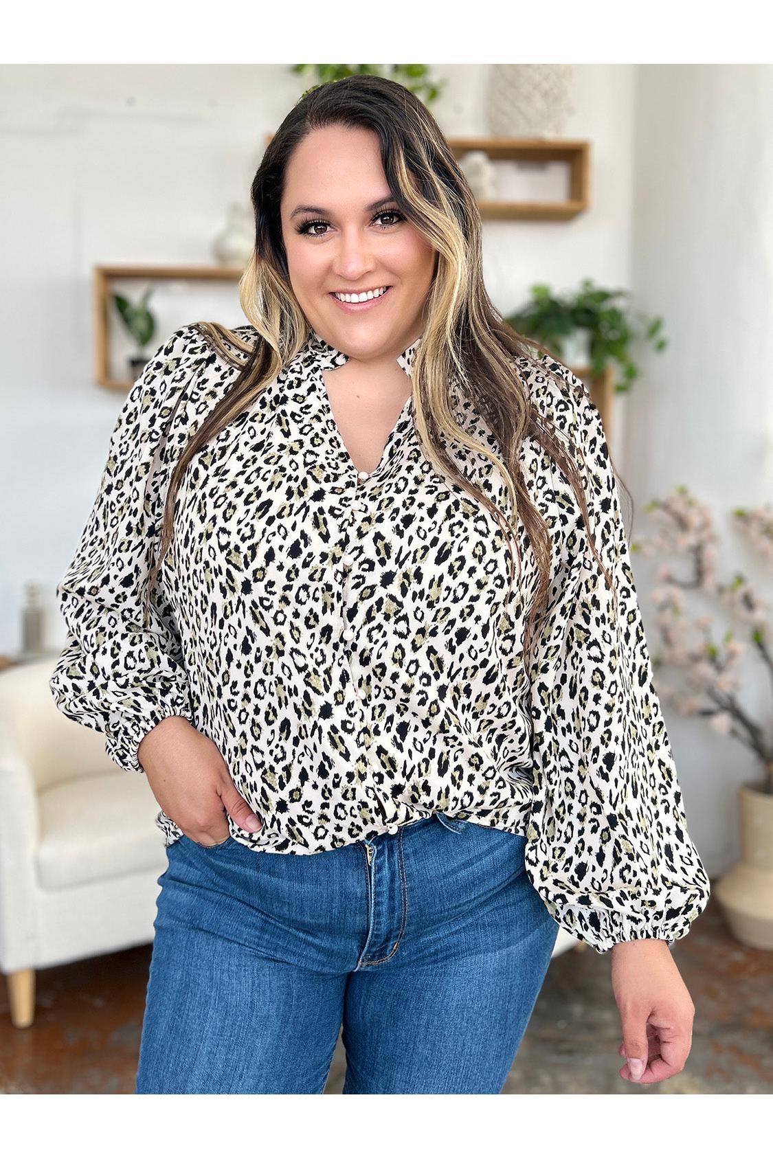 Double Take Full Size Leopard Long Sleeve Blouse
