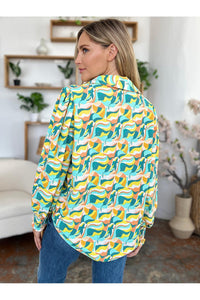 Double Take Full Size Printed Smocked Long Sleeve Blouse