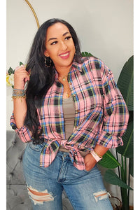 Mandy Pocketed Plaid Collared Neck Long Sleeve Shirt