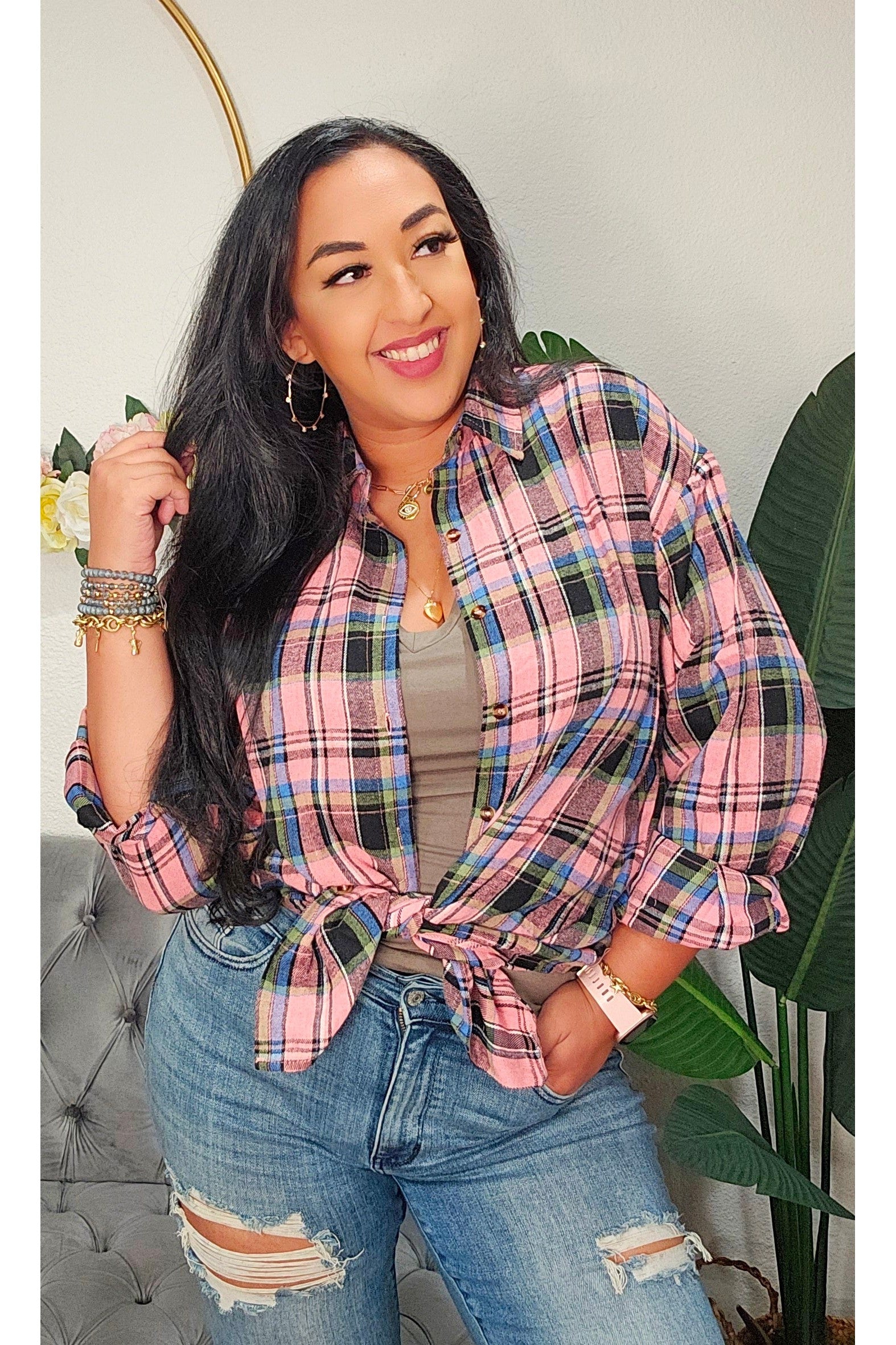 Mandy Pocketed Plaid Collared Neck Long Sleeve Shirt