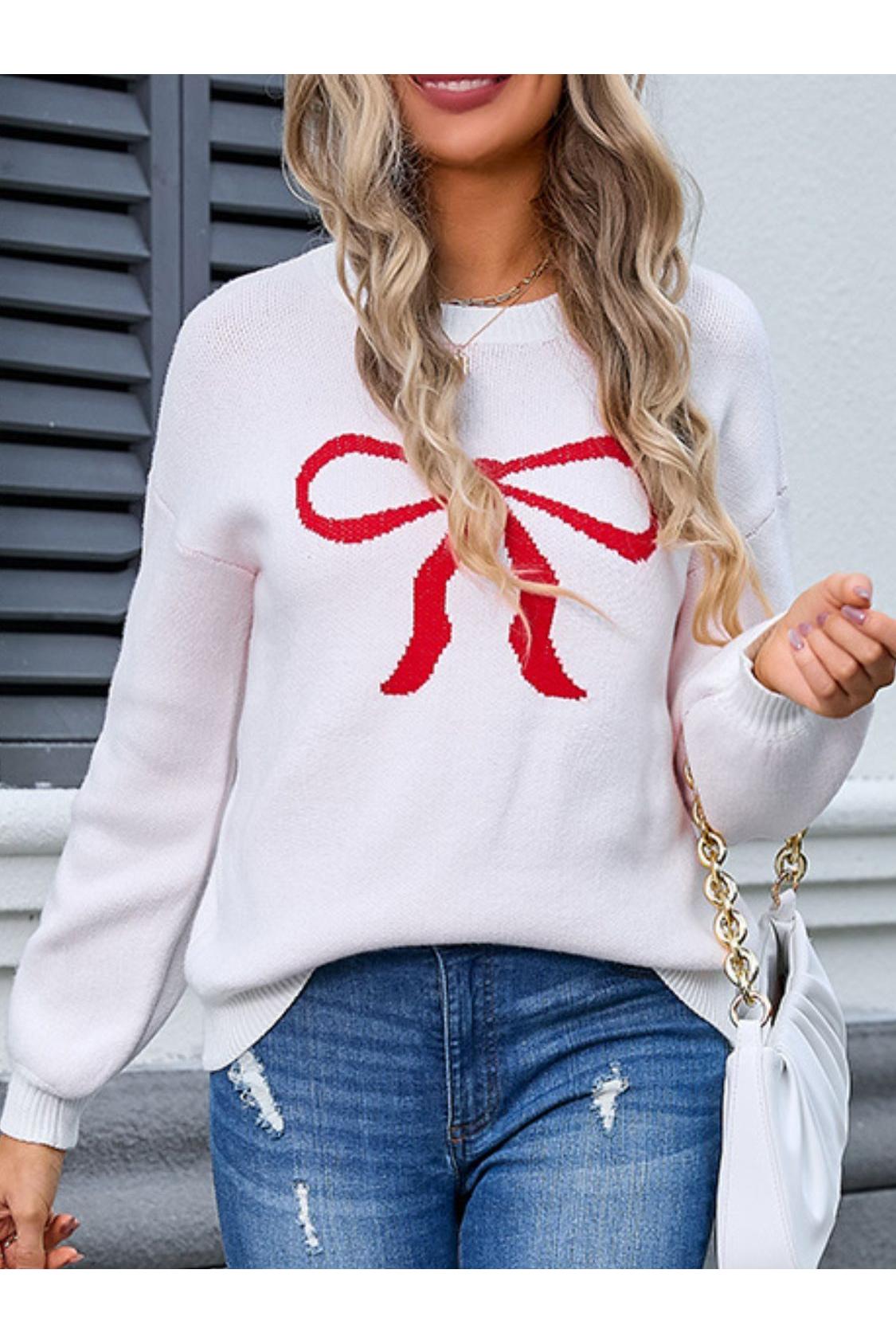 Angel Wings Bow Graphic Round Neck Long Sleeve Sweater