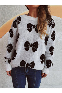 Bow Round Neck Dropped Shoulder Sweater