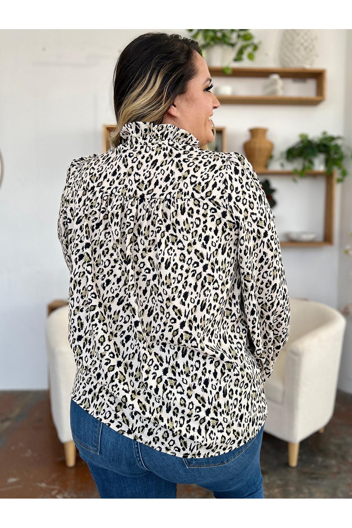 Double Take Full Size Leopard Long Sleeve Blouse