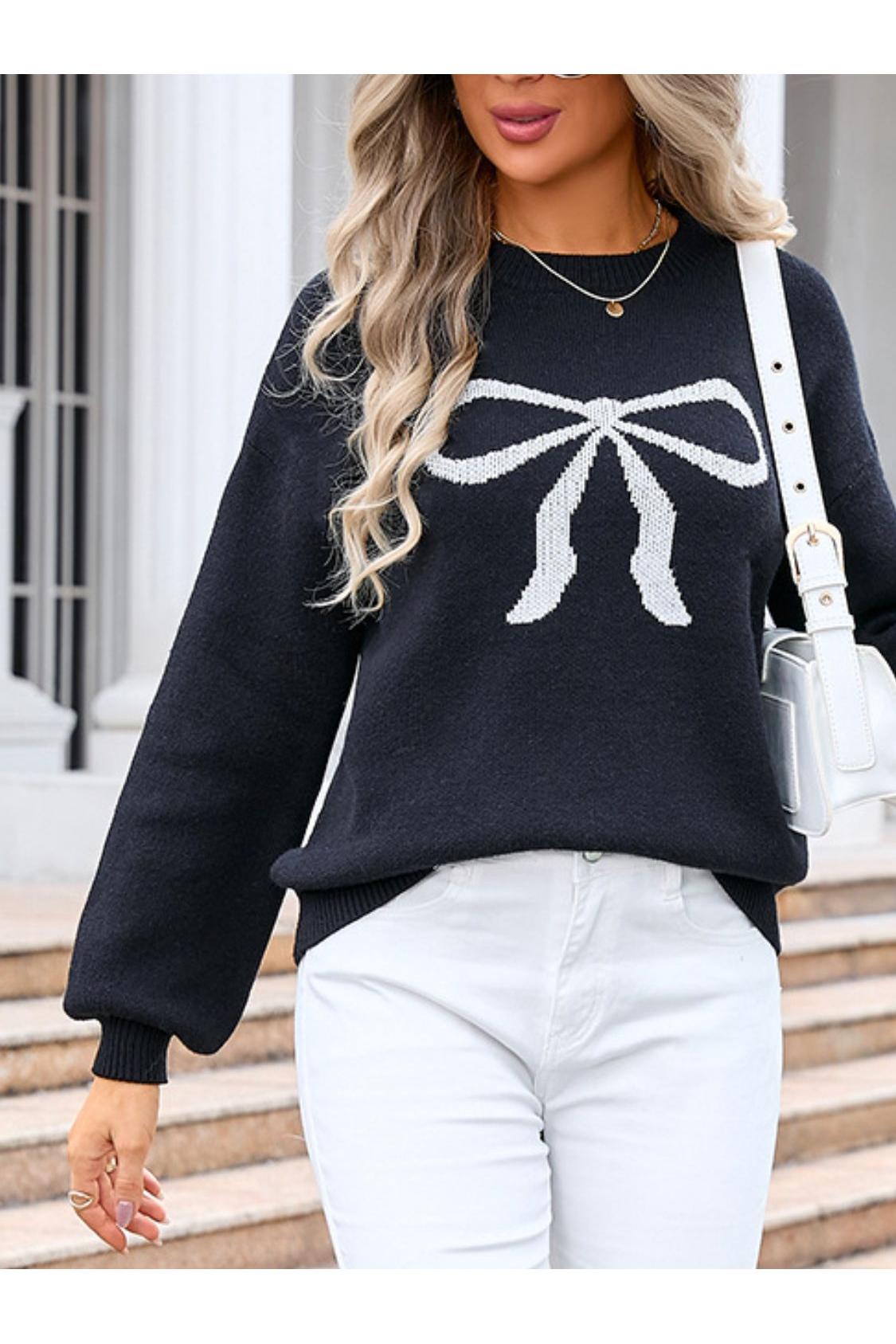 Angel Wings Bow Graphic Round Neck Long Sleeve Sweater