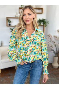 Double Take Full Size Printed Smocked Long Sleeve Blouse