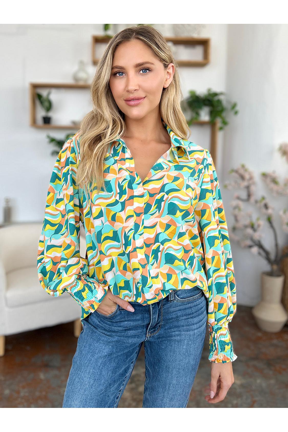 Double Take Full Size Printed Smocked Long Sleeve Blouse