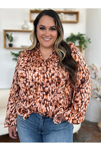 Double Take Full Size Printed Ruffle Trim Balloon Sleeve Shirt