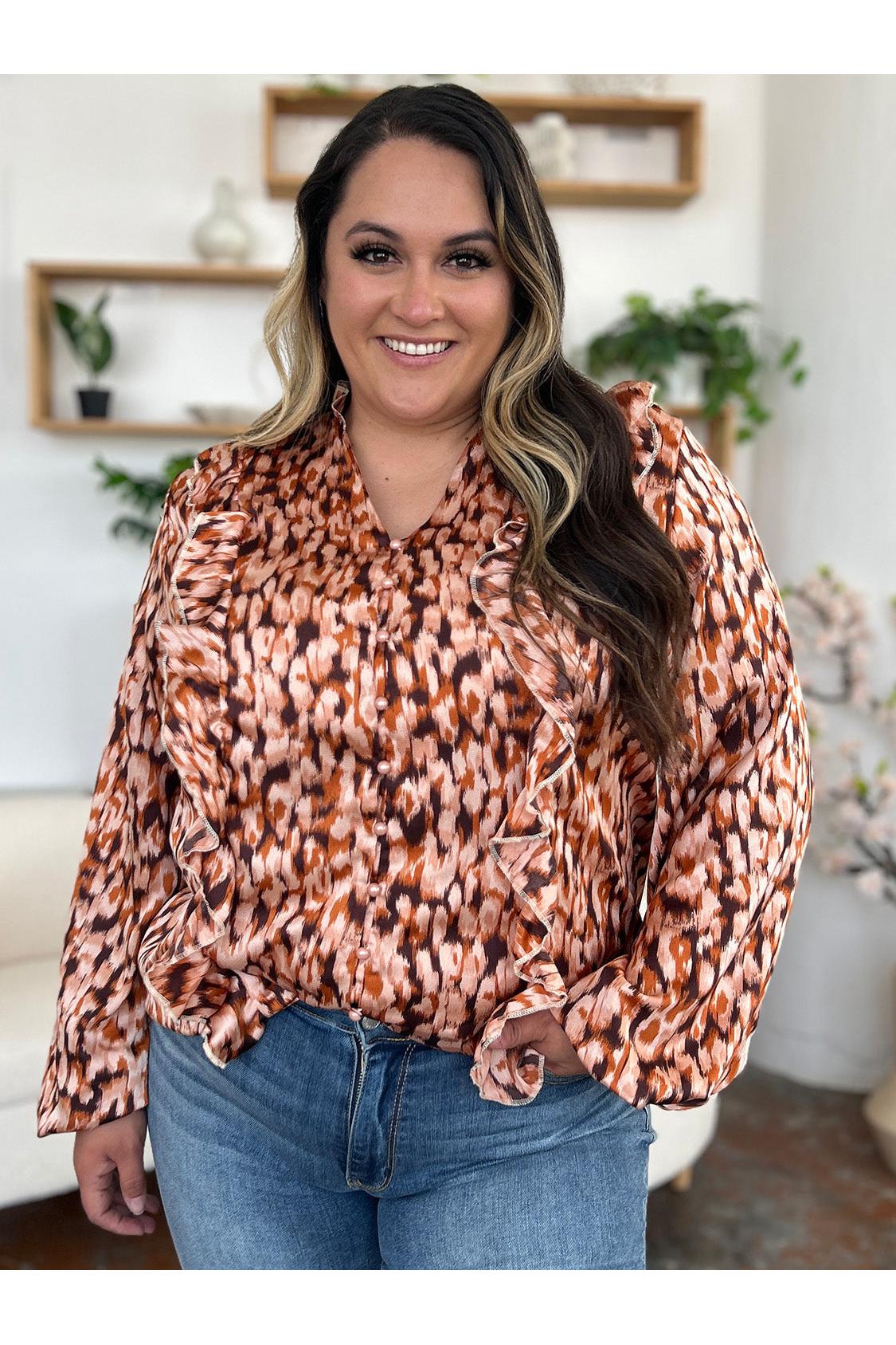 Double Take Full Size Printed Ruffle Trim Balloon Sleeve Shirt