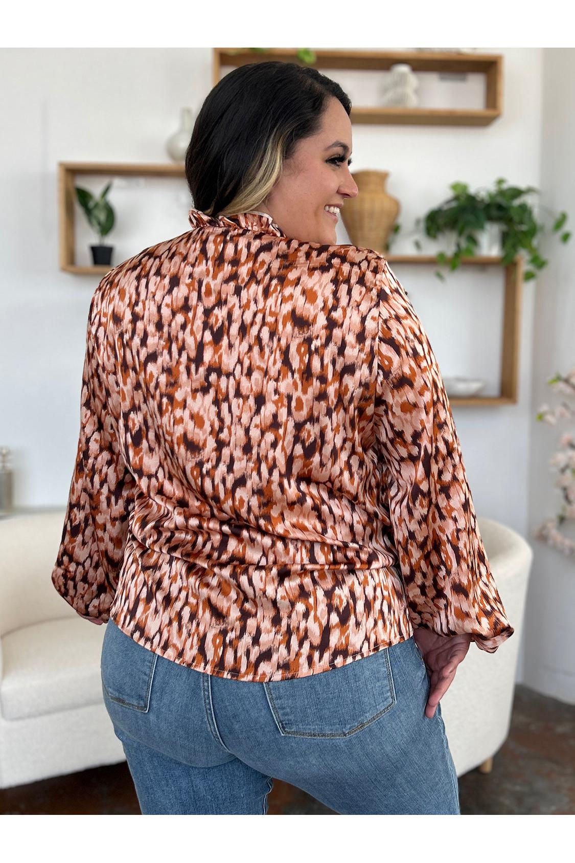 Double Take Full Size Printed Ruffle Trim Balloon Sleeve Shirt