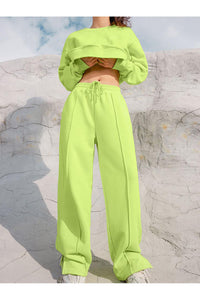 Round Neck Long Sleeve Top and Elastic Waist Pants Set