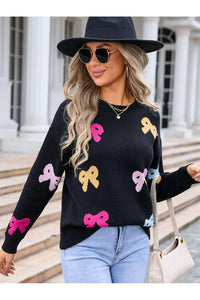 Angel Wings Bow Graphic Round Neck Long Sleeve Sweater