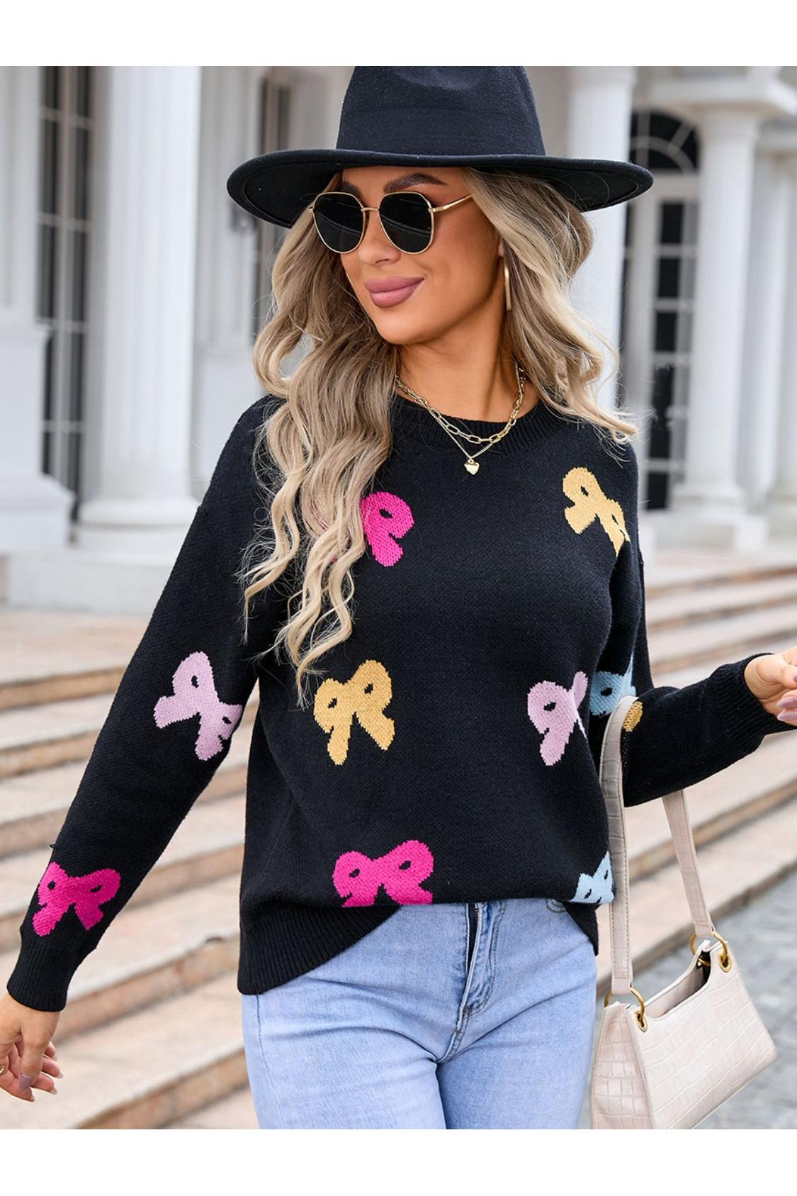 Angel Wings Bow Graphic Round Neck Long Sleeve Sweater