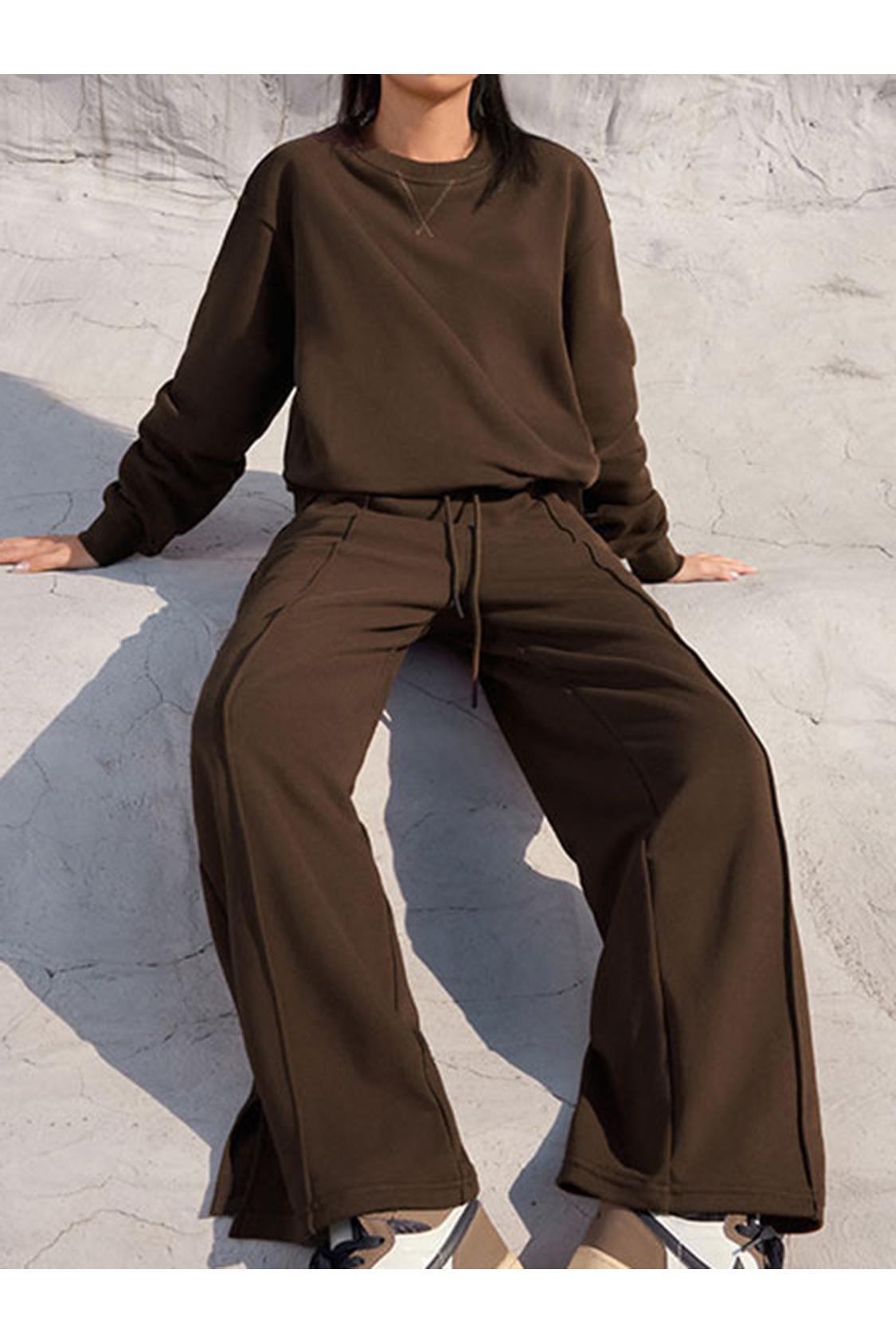 Round Neck Long Sleeve Top and Elastic Waist Pants Set