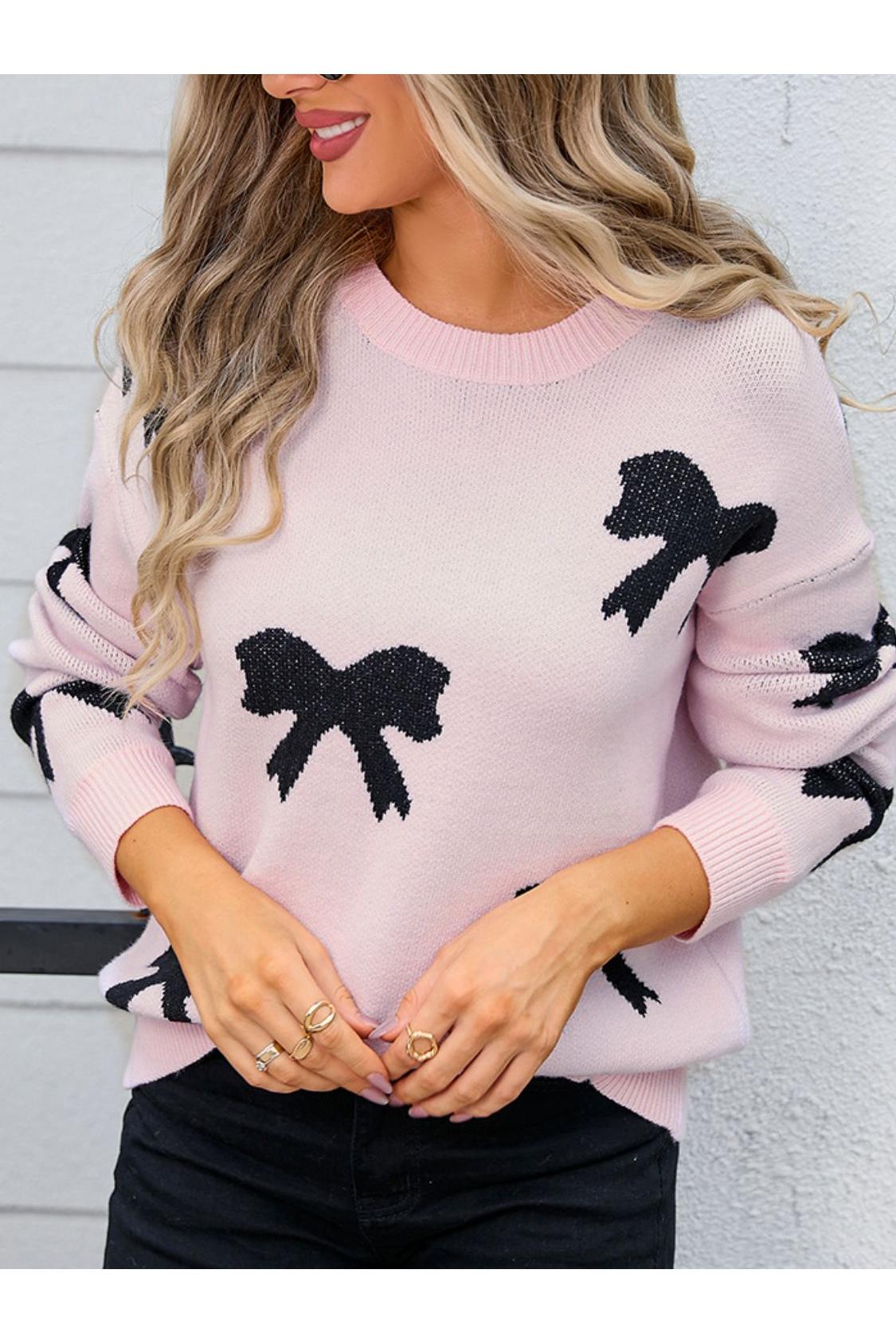 Angel Wings Bow Round Neck Dropped Shoulder Sweater