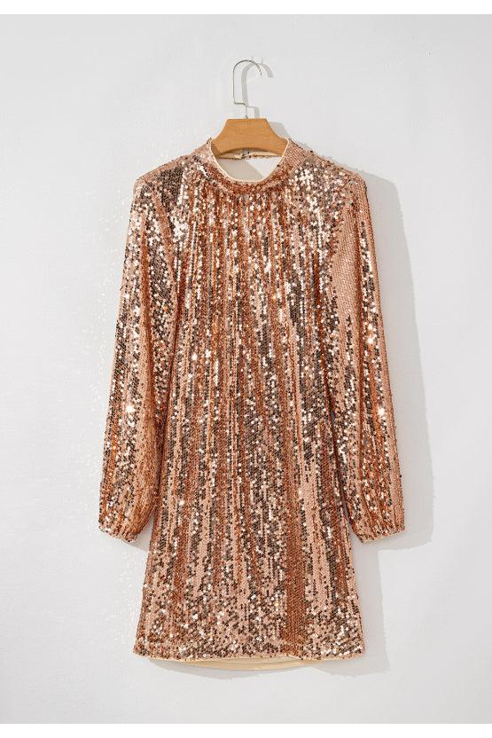 Backless Sequin Mock Neck Long Sleeve Mini Dress