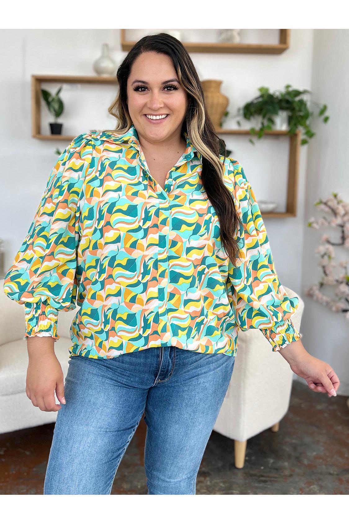 Double Take Full Size Printed Smocked Long Sleeve Blouse