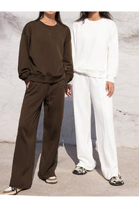 Round Neck Long Sleeve Top and Elastic Waist Pants Set