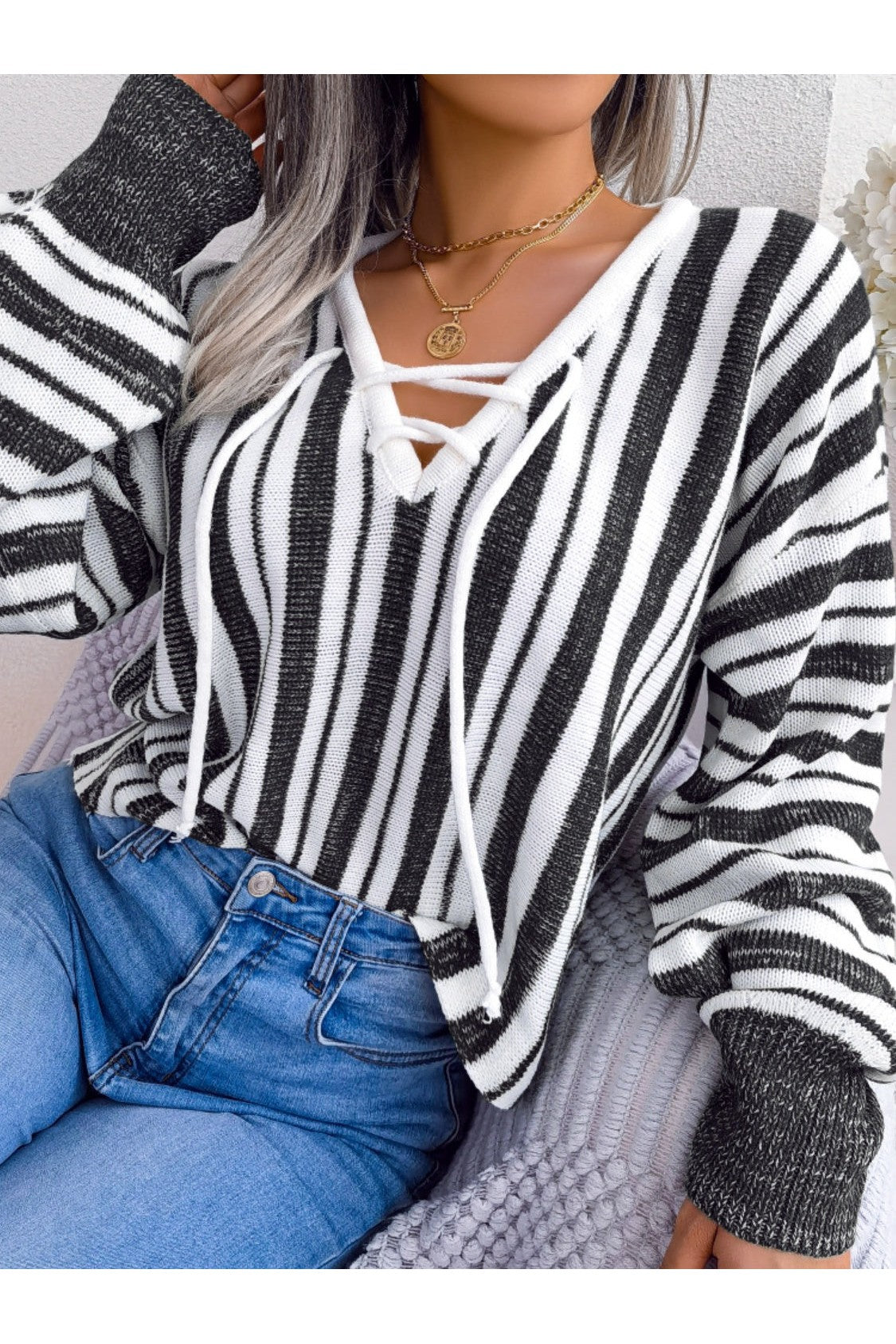 Striped Lace-Up Long Sleeve Sweater