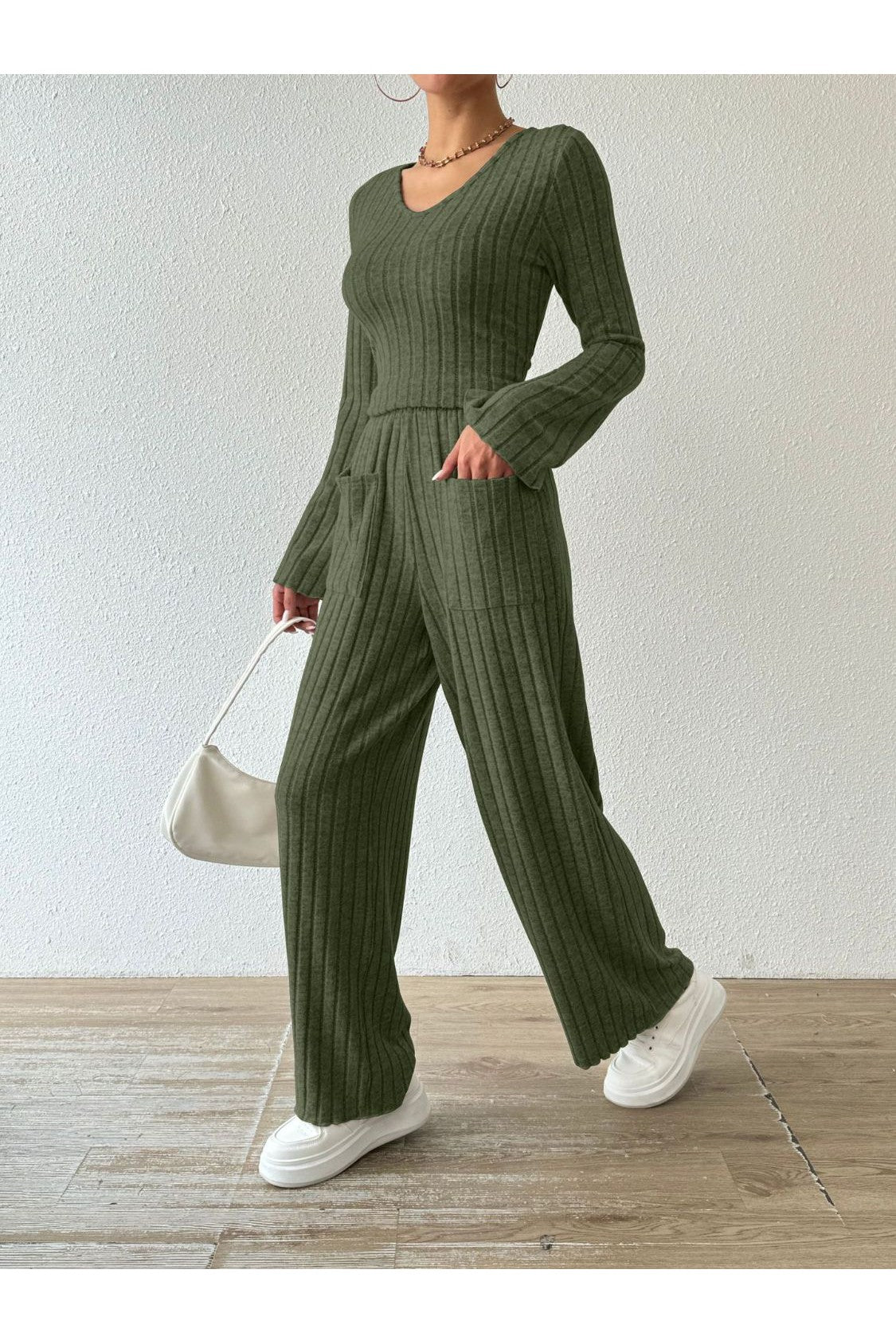 Ribbed V-Neck Long Sleeve Top and Pocketed Pants Set