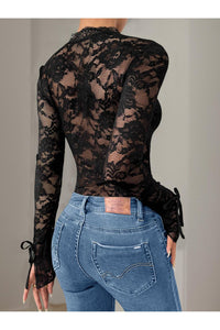 Perfee Lace V-Neck Long Sleeve Bodysuit