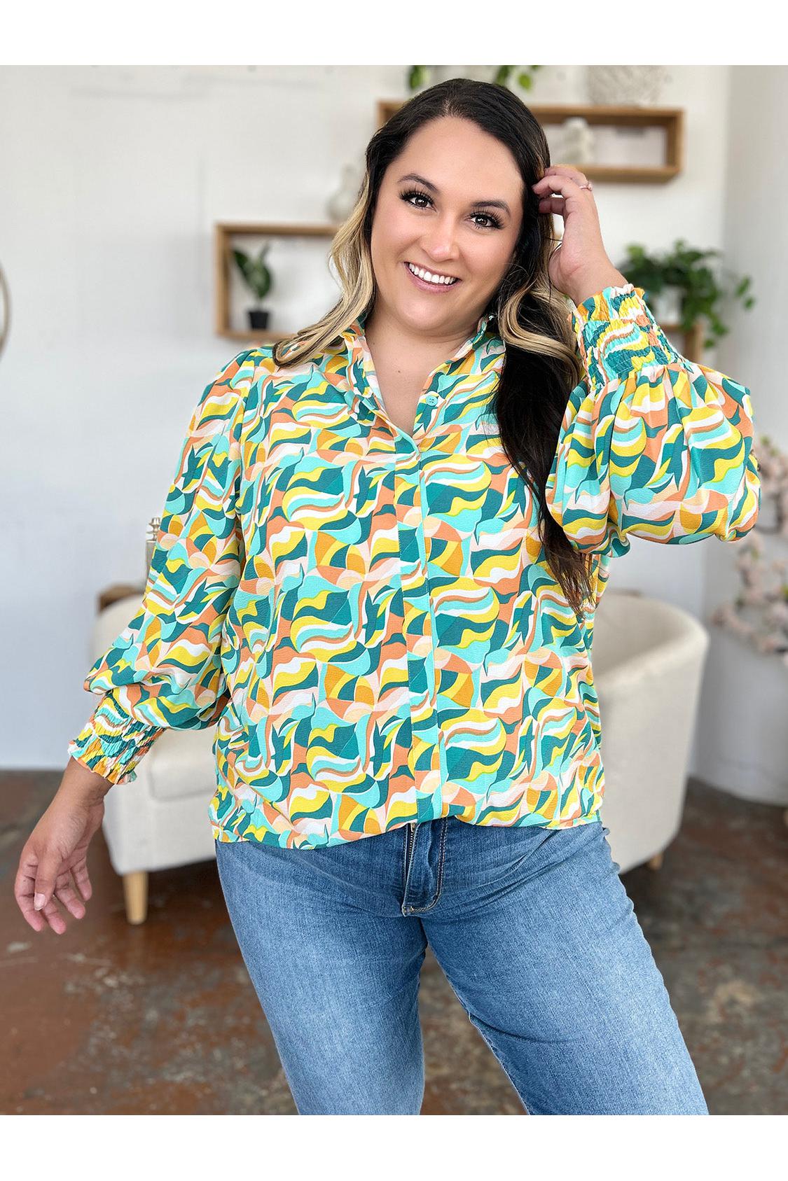 Double Take Full Size Printed Smocked Long Sleeve Blouse