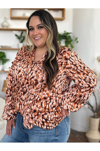 Double Take Full Size Printed Ruffle Trim Balloon Sleeve Shirt