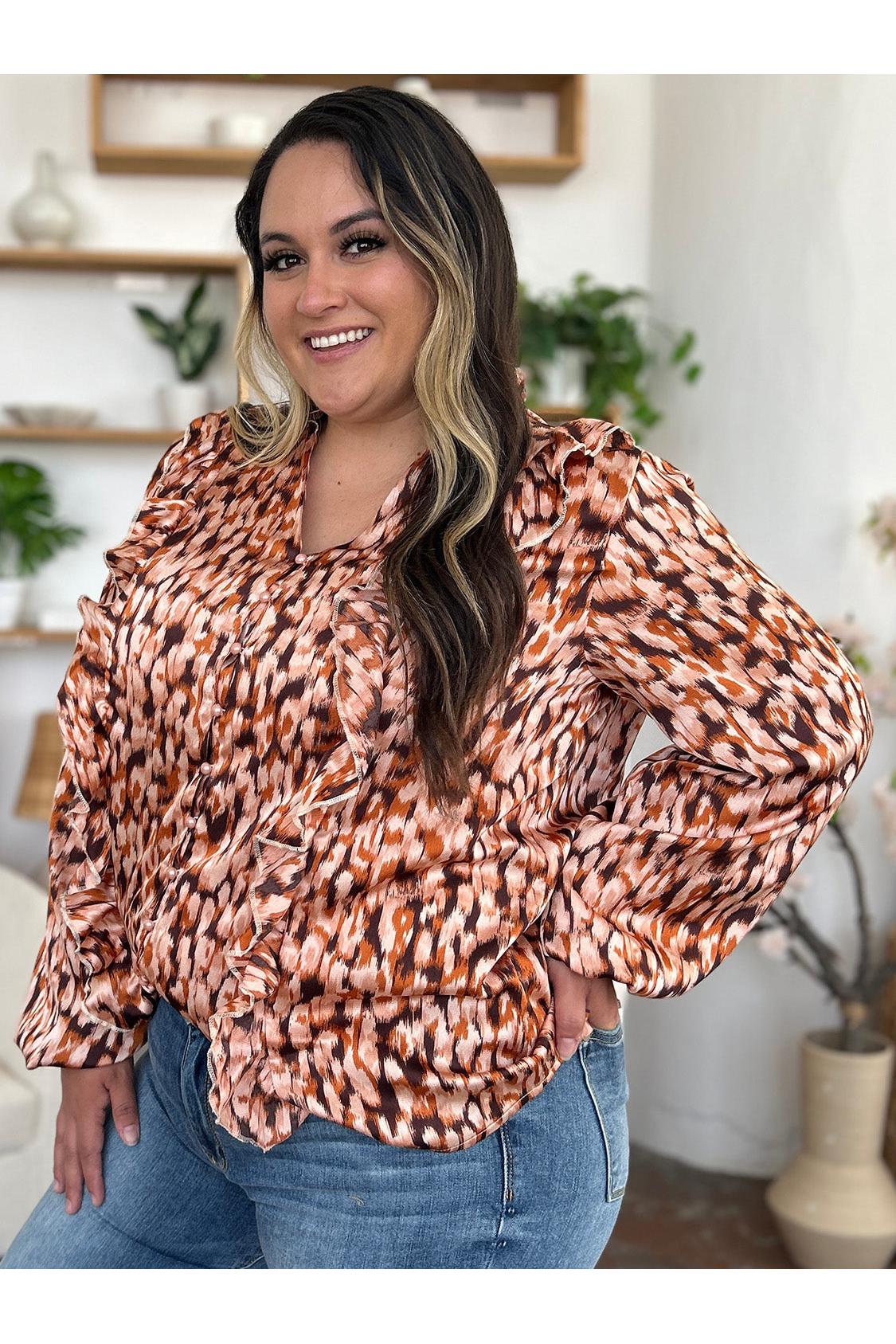 Double Take Full Size Printed Ruffle Trim Balloon Sleeve Shirt