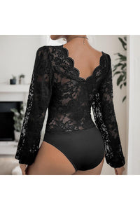 Perfee Lace Plunge Long Sleeve Bodysuit