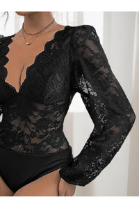 Perfee Lace Plunge Long Sleeve Bodysuit