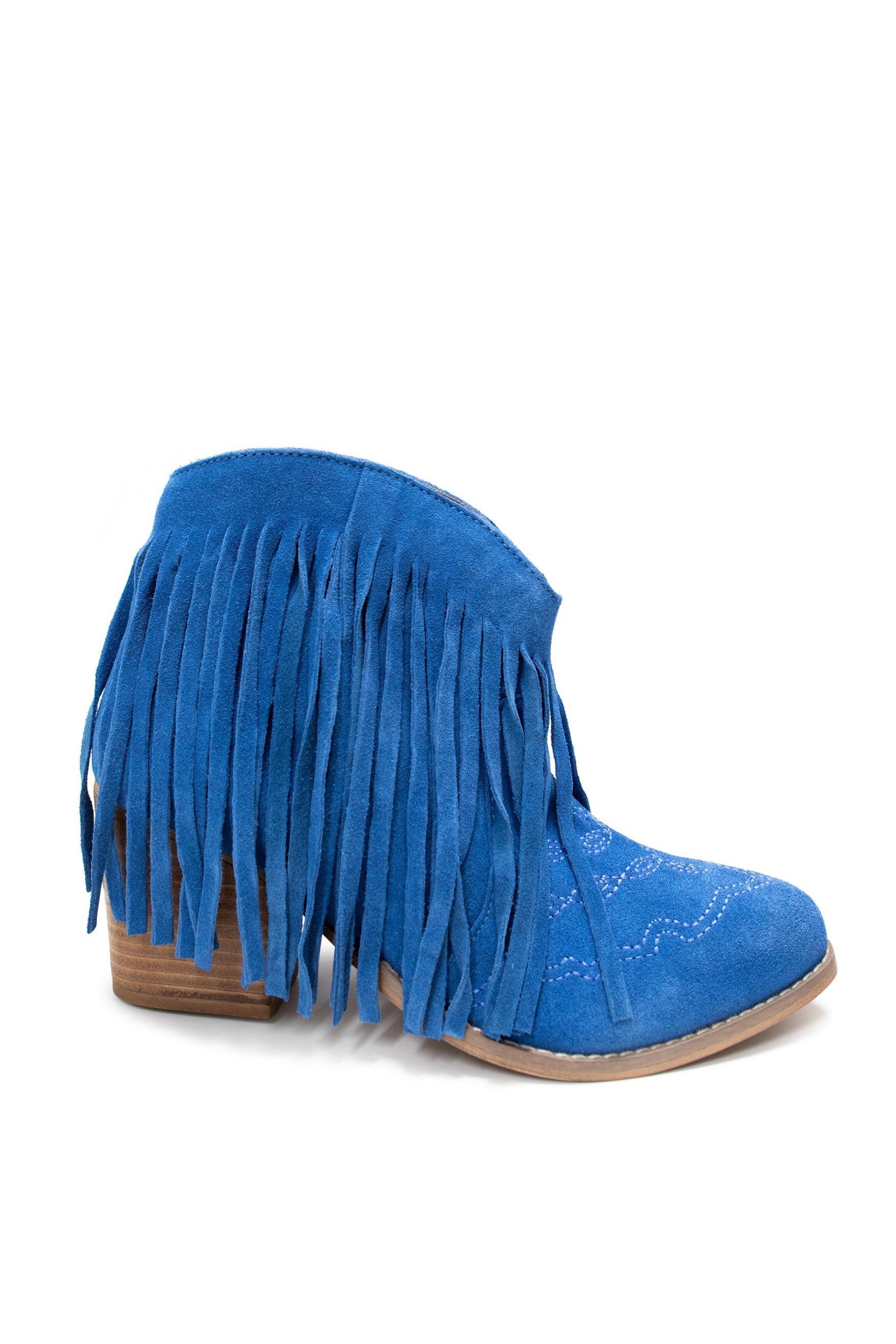 Amos Fringe Ankle Bootie in Blue Suede