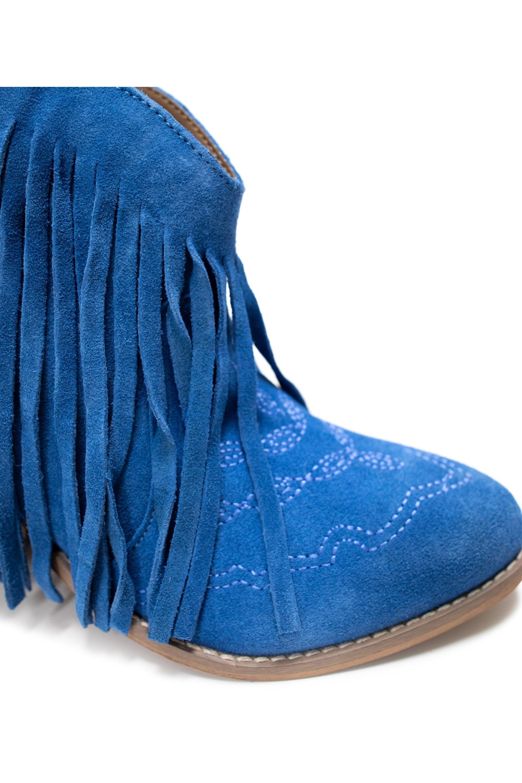 Amos Fringe Ankle Bootie in Blue Suede