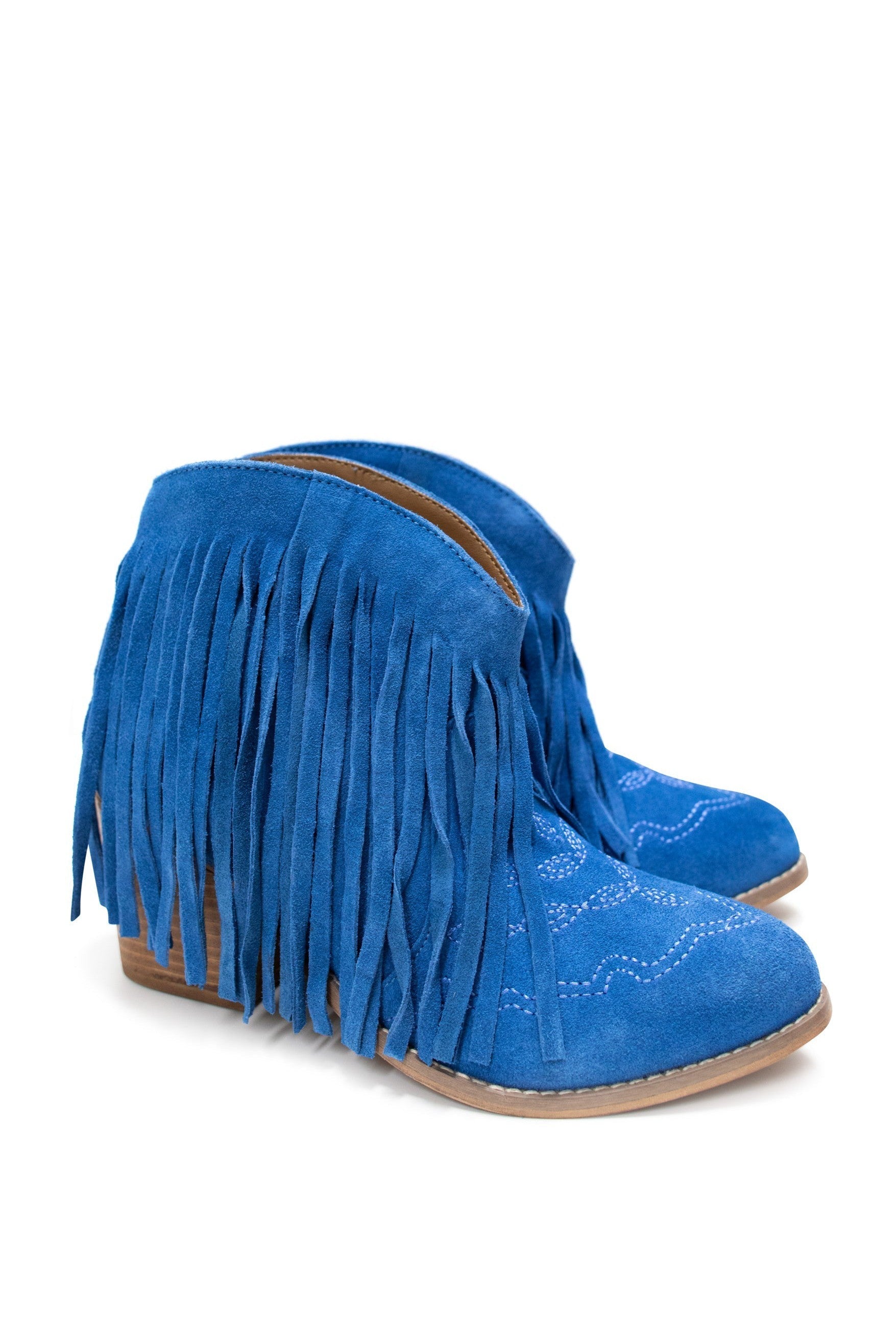 Amos Fringe Ankle Bootie in Blue Suede