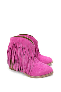 Amos Fringe Ankle Bootie in Magenta Suede