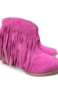Amos Fringe Ankle Bootie in Magenta Suede
