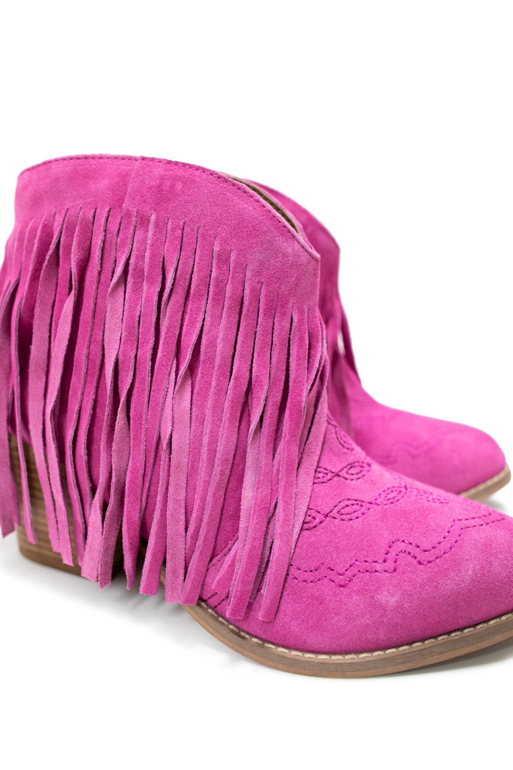Amos Fringe Ankle Bootie in Magenta Suede