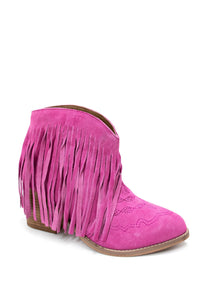 Amos Fringe Ankle Bootie in Magenta Suede