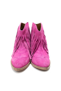 Amos Fringe Ankle Bootie in Magenta Suede