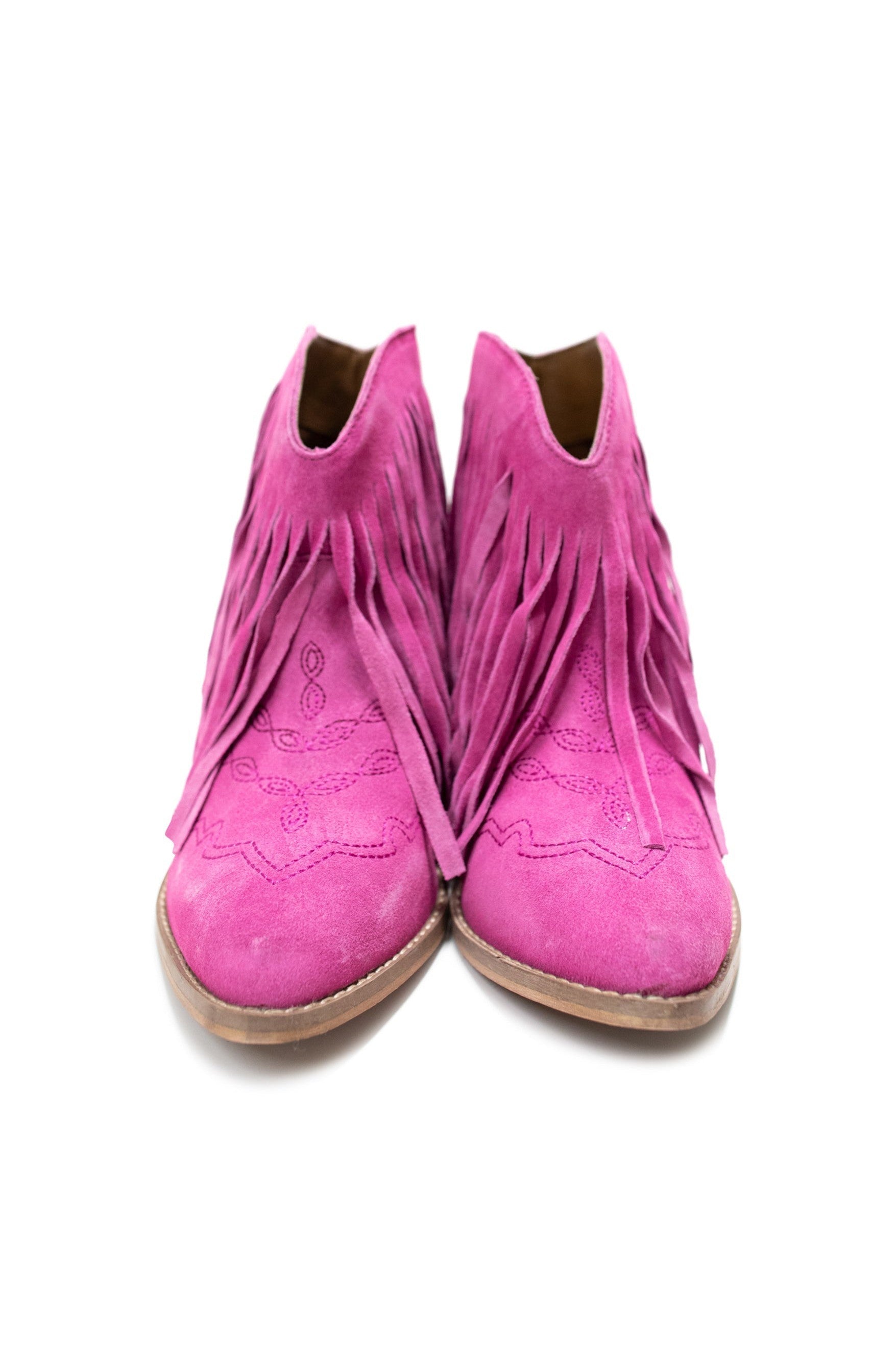 Amos Fringe Ankle Bootie in Magenta Suede