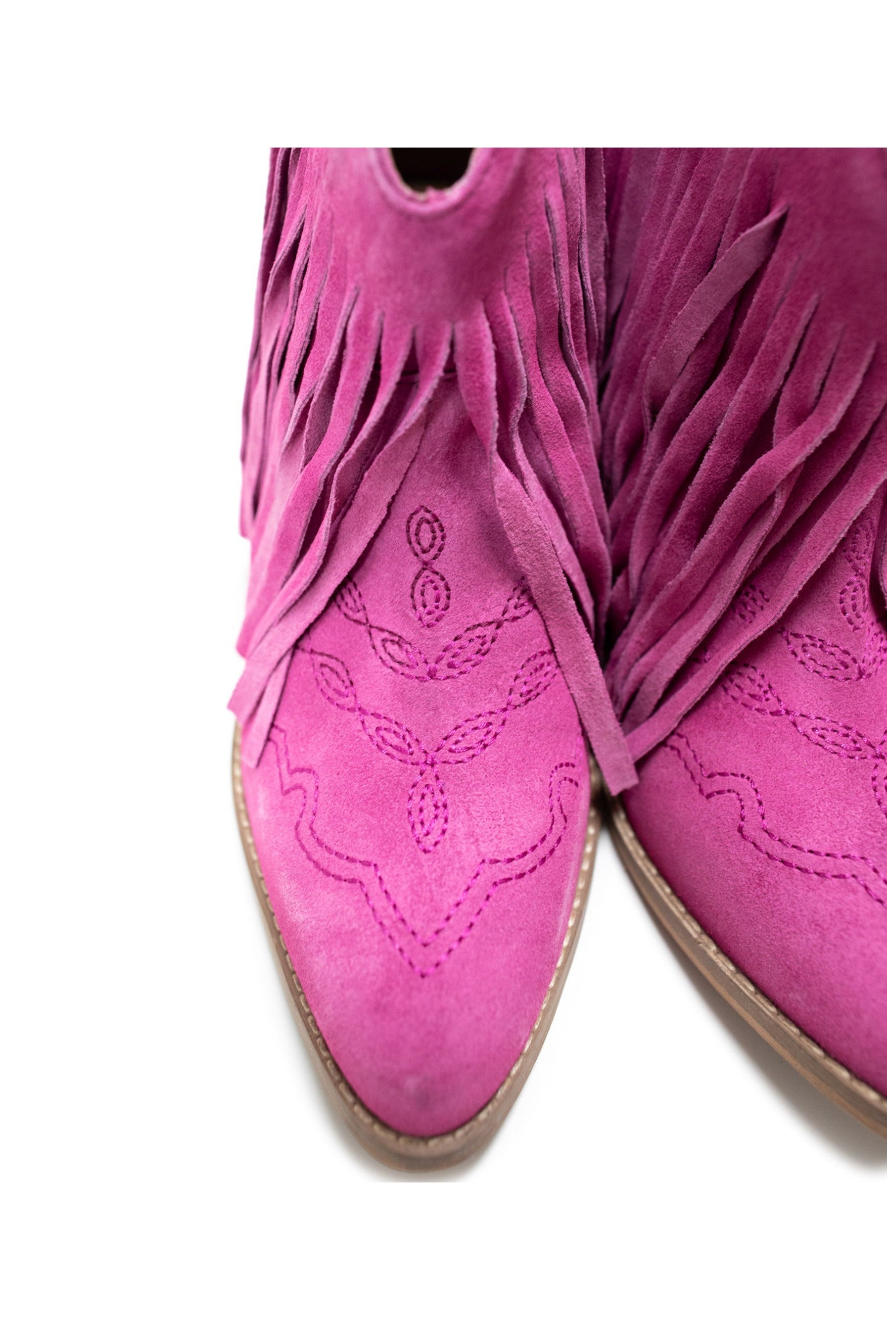 Amos Fringe Ankle Bootie in Magenta Suede