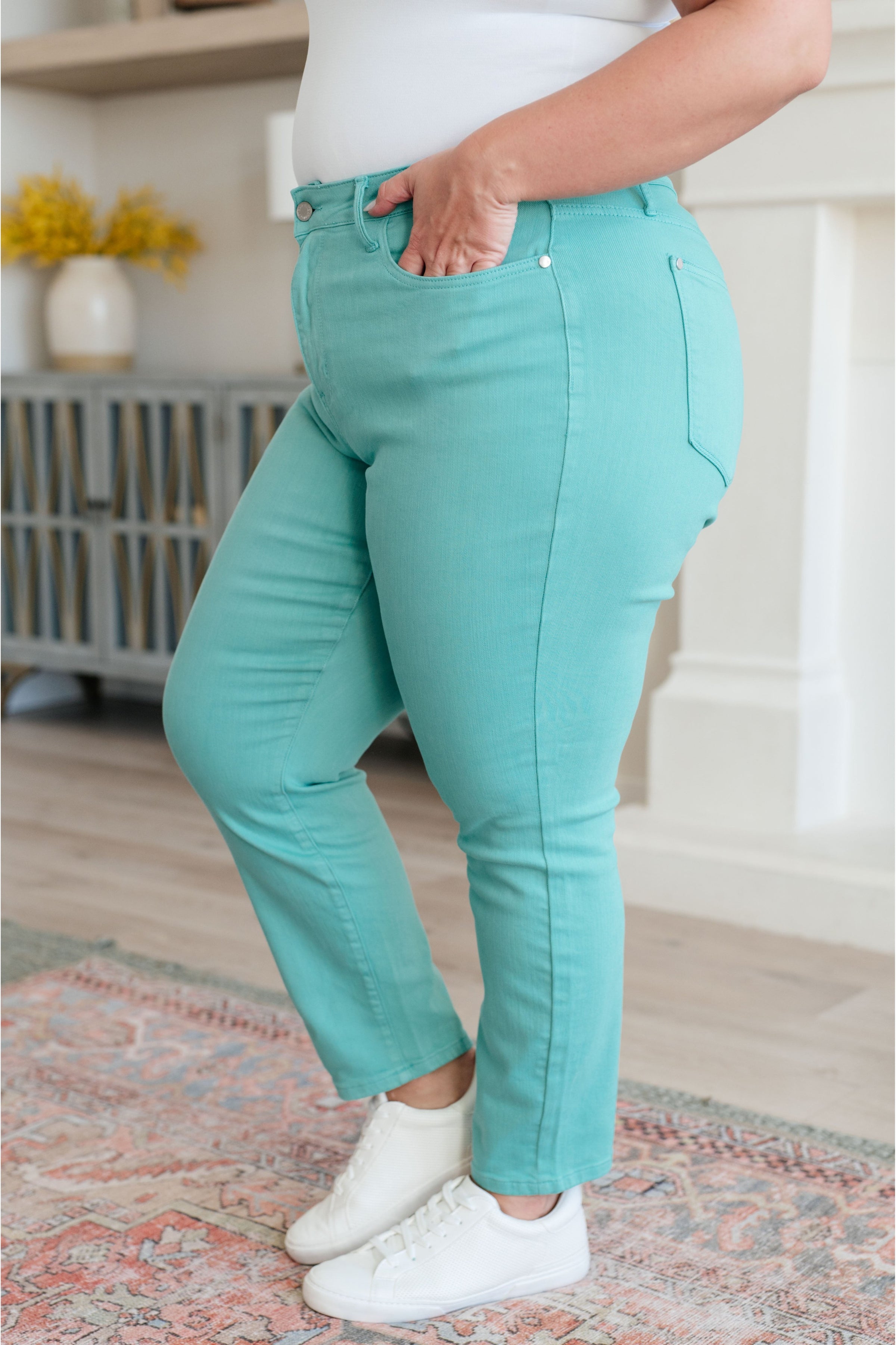 Bridgette High Rise Garment Dyed Slim Jeans in Aquamarine