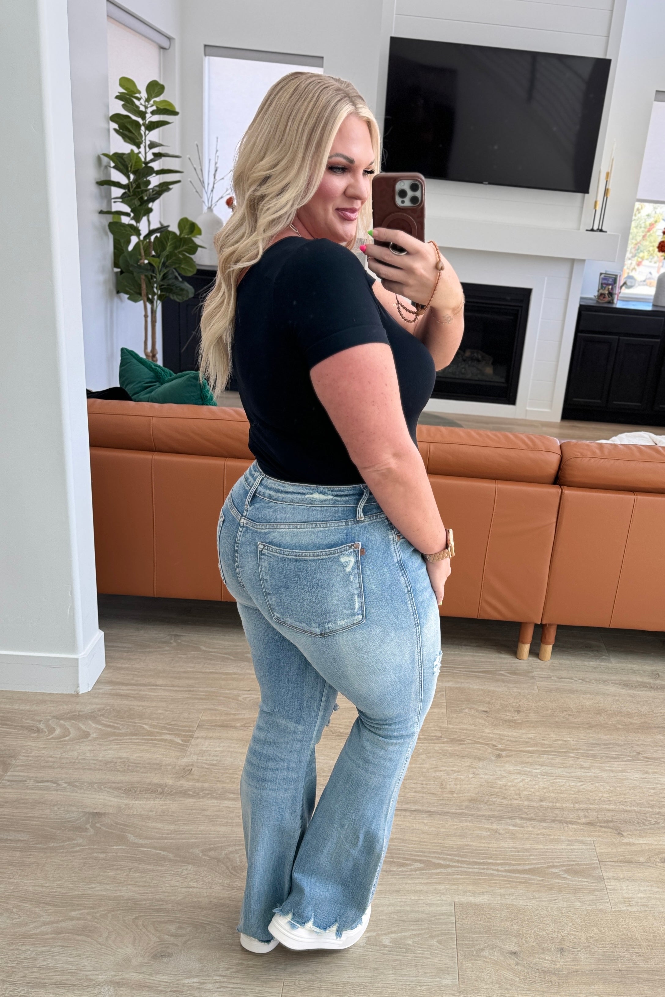 Caroline Mid Rise Control Distressed Flare Jeans