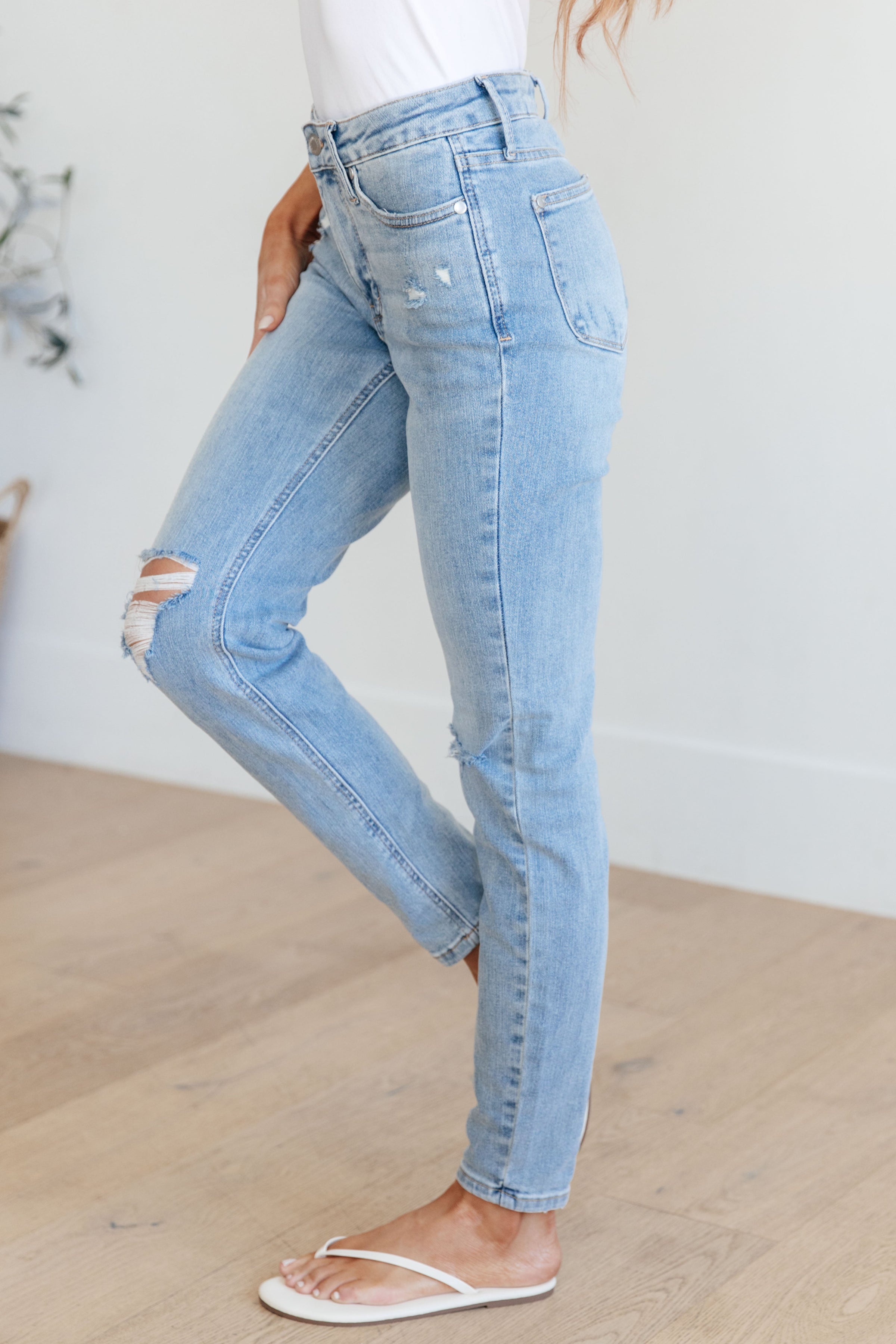 Eloise Mid Rise Tummy Control Distressed Skinny Jeans