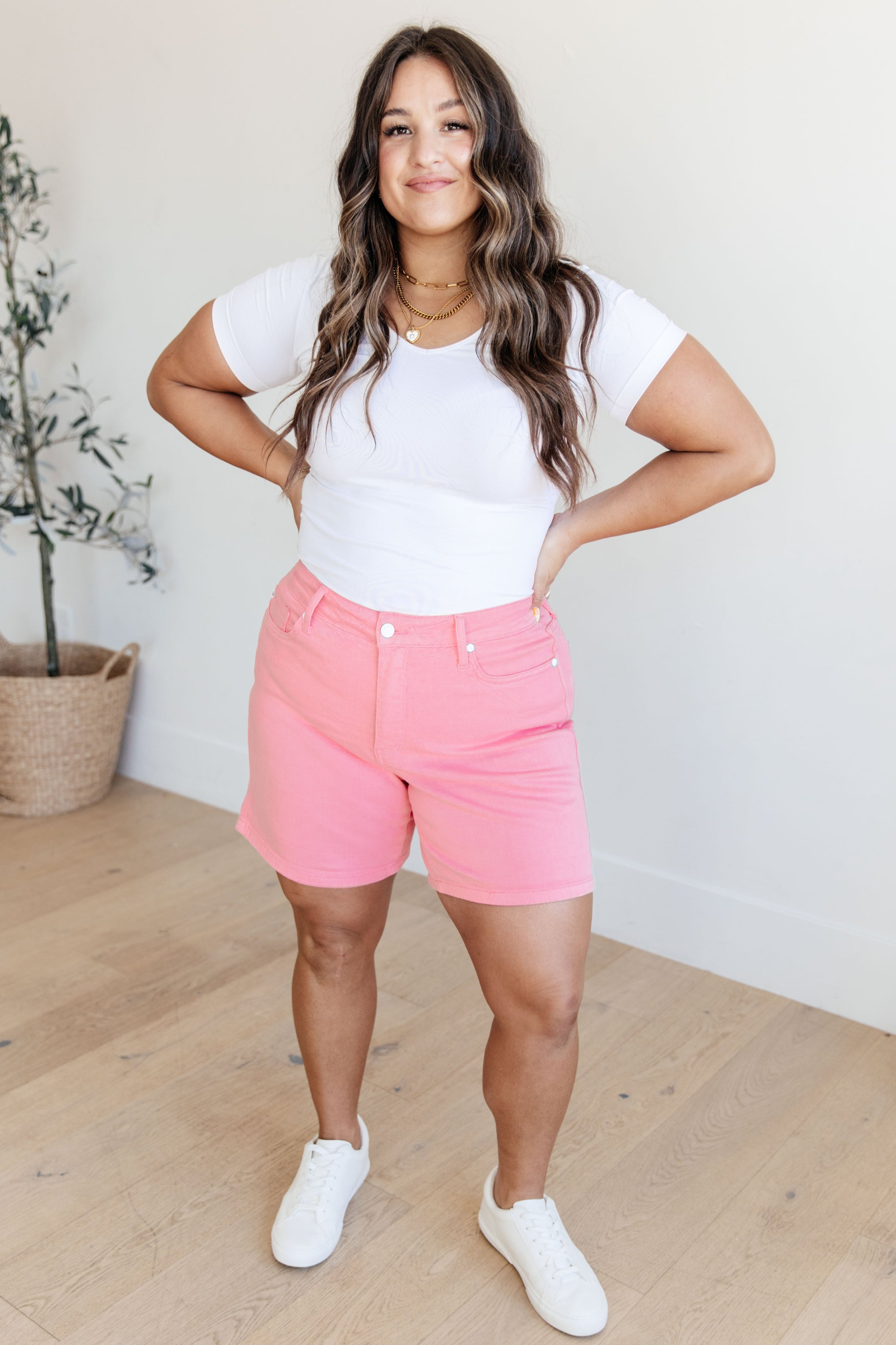 Jenna High Rise Tummy Control Cuffed Shorts in Pink