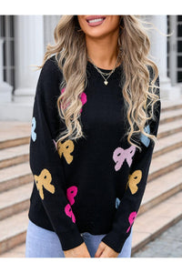 Angel Wings Bow Graphic Round Neck Long Sleeve Sweater