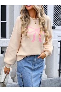 Angel Wings Bow Graphic Round Neck Long Sleeve Sweater