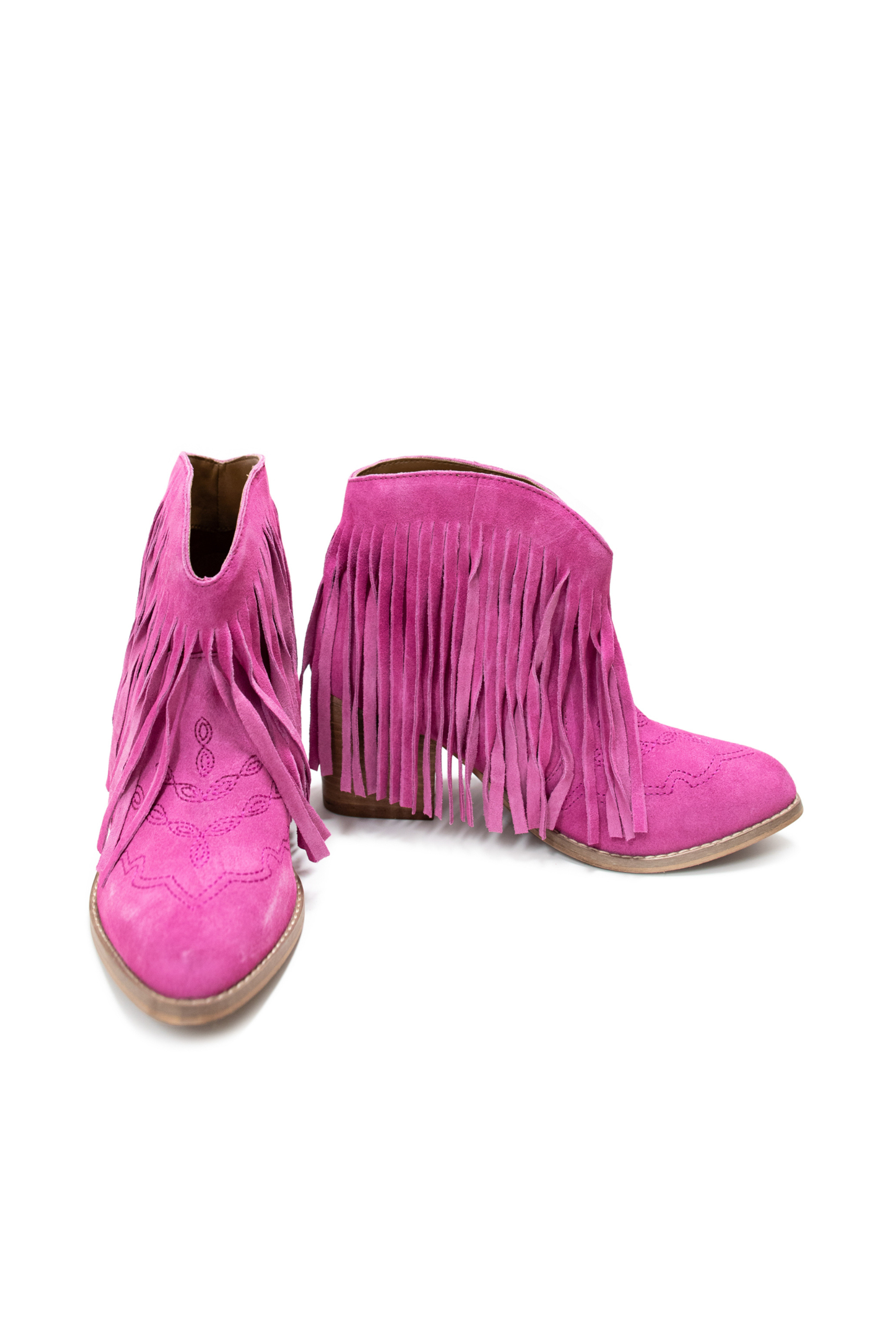 Amos Fringe Ankle Bootie in Magenta Suede