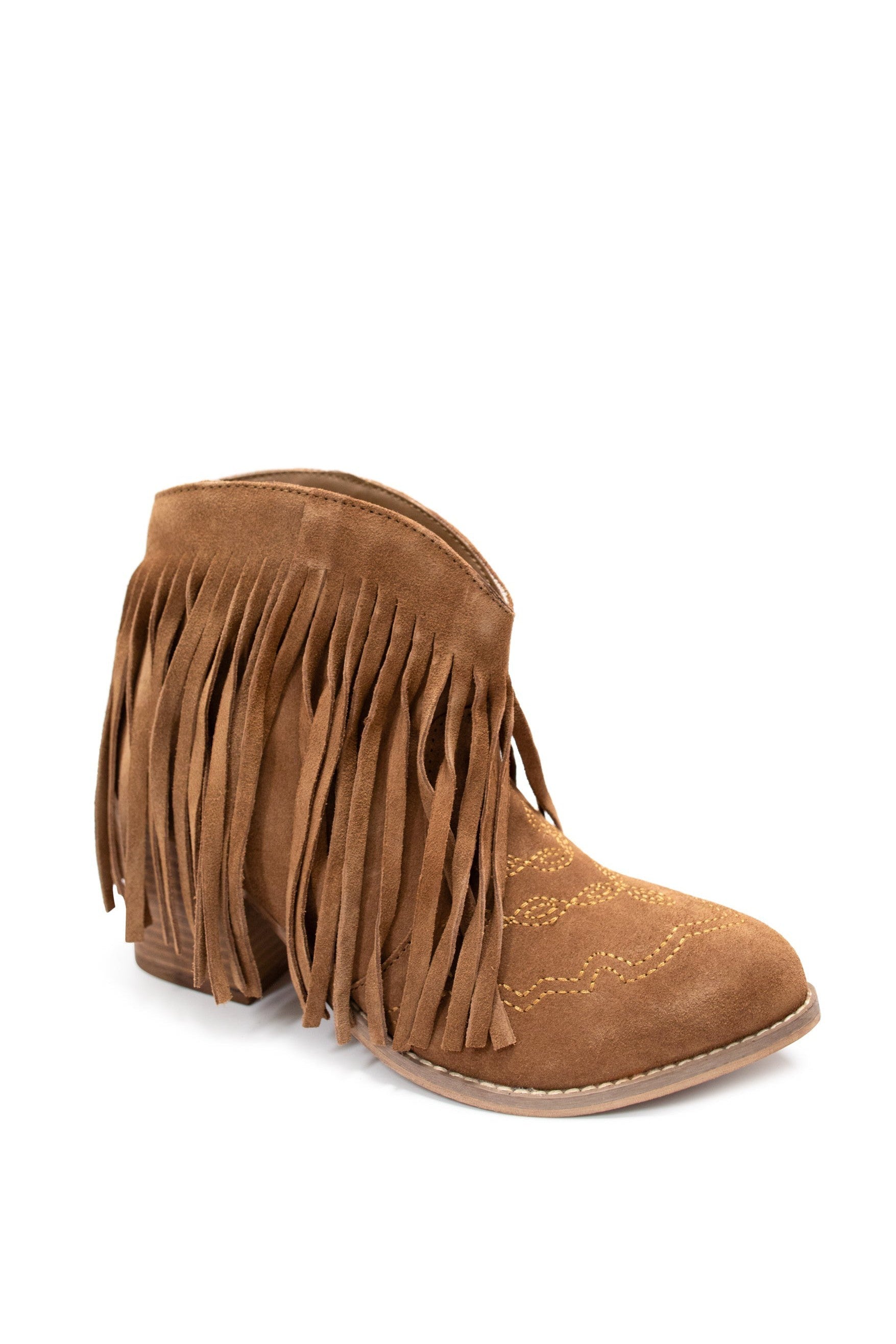 Amos Fringe Ankle Bootie in Tan Suede