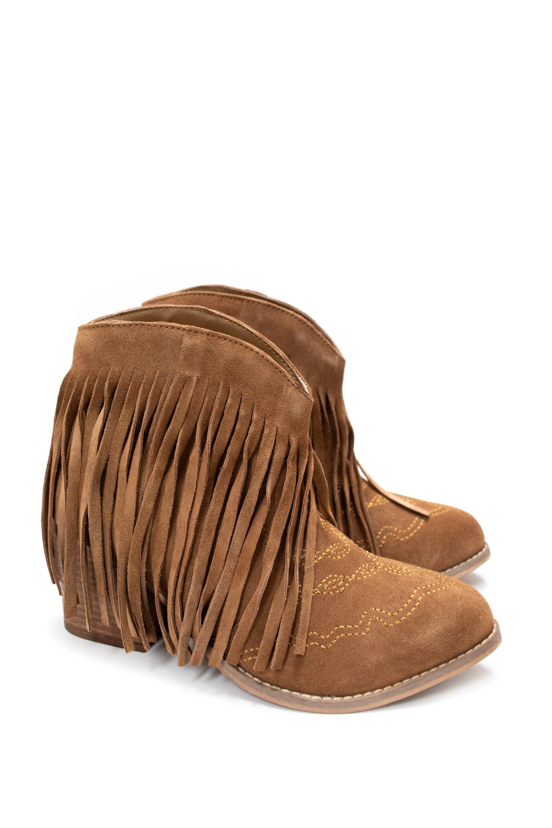 Amos Fringe Ankle Bootie in Tan Suede