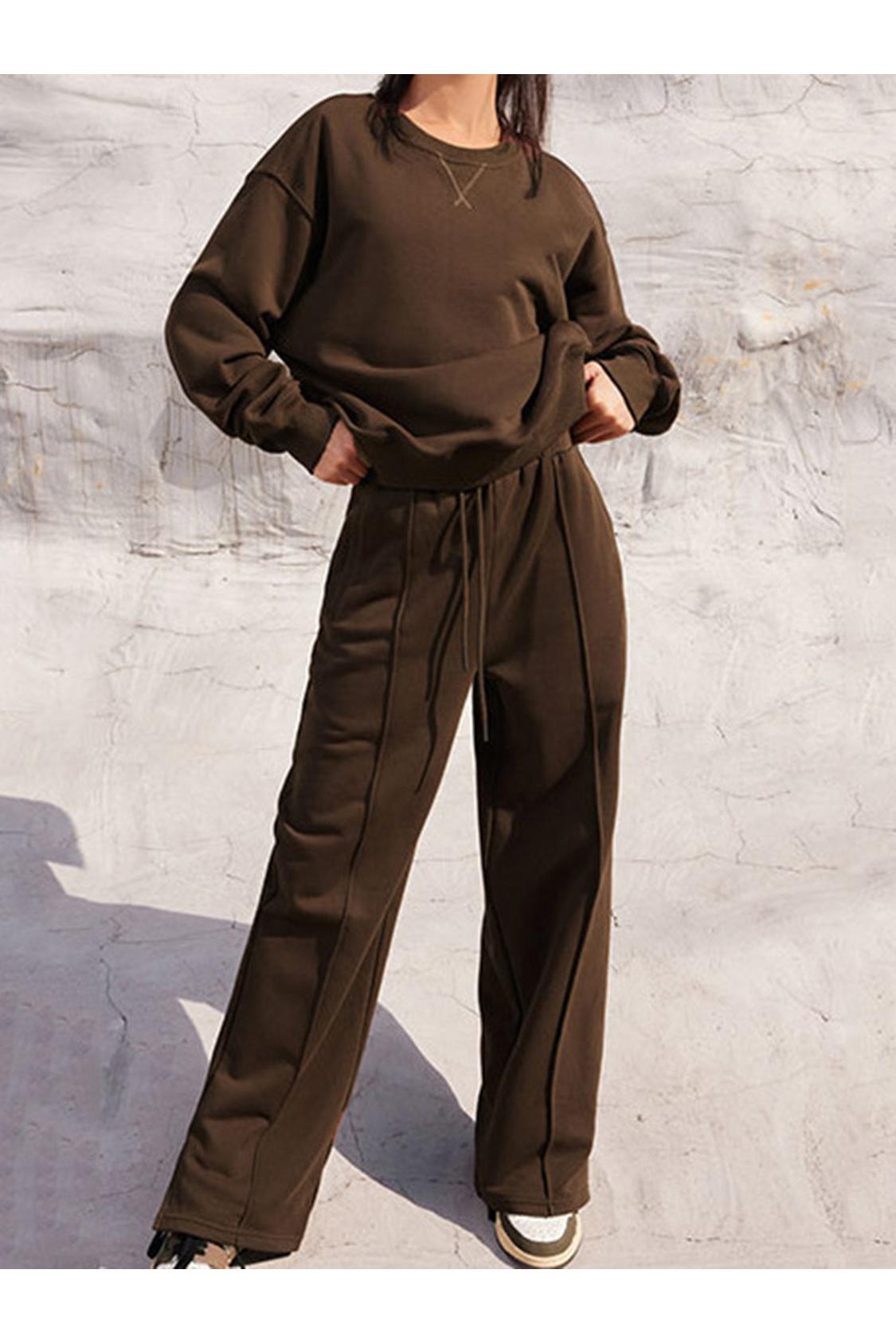 Round Neck Long Sleeve Top and Elastic Waist Pants Set