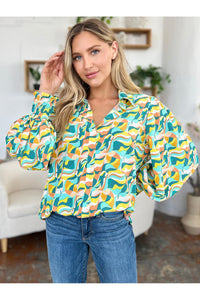 Double Take Full Size Printed Smocked Long Sleeve Blouse